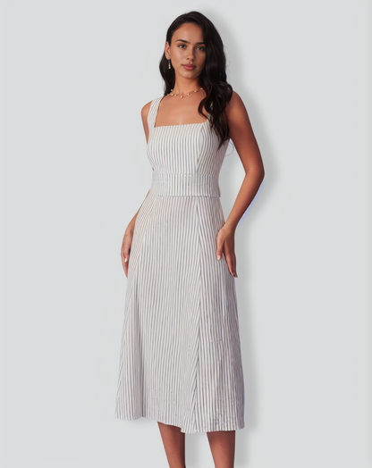 The White Square Neck Striped Midi Dress