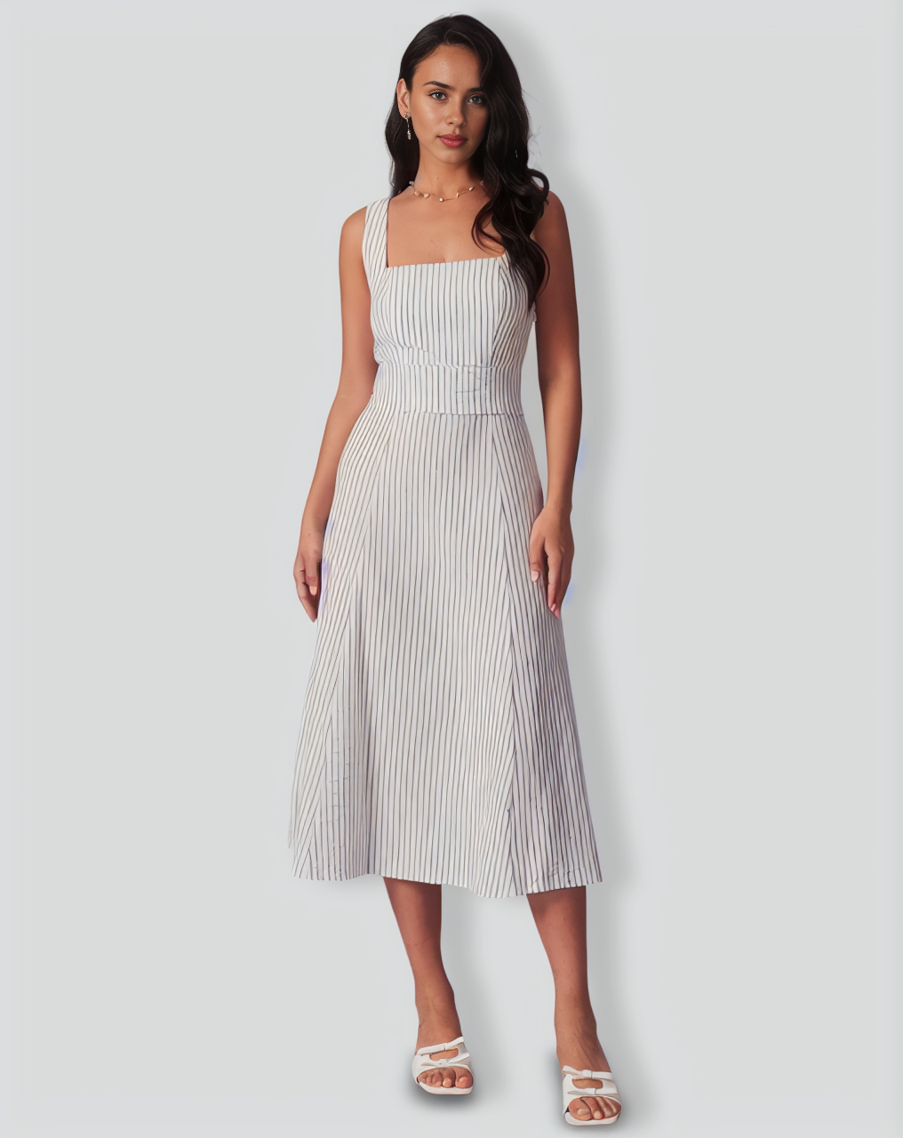The White Square Neck Striped Midi Dress