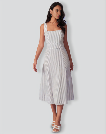The White Square Neck Striped Midi Dress