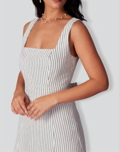 The White Square Neck Striped Midi Dress