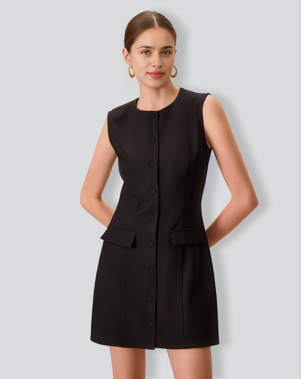 Women's Black Crew Neck Button Mini Dress