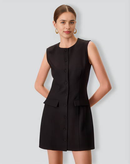 Women's Black Crew Neck Button Mini Dress