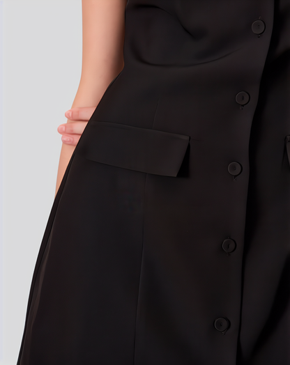 Women's Black Crew Neck Button Mini Dress