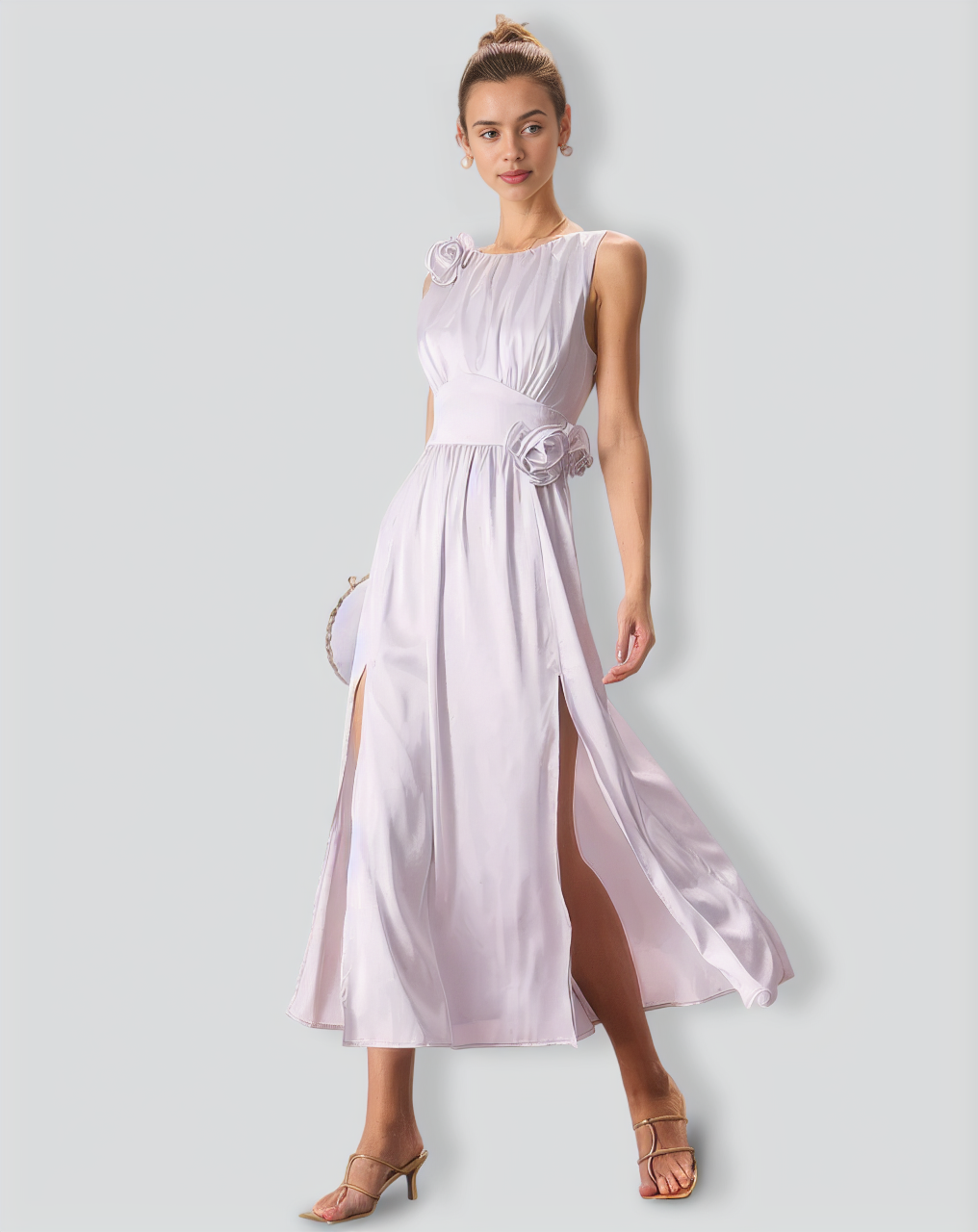 The Silver Boat Neck Floral Satin Maxi Dress