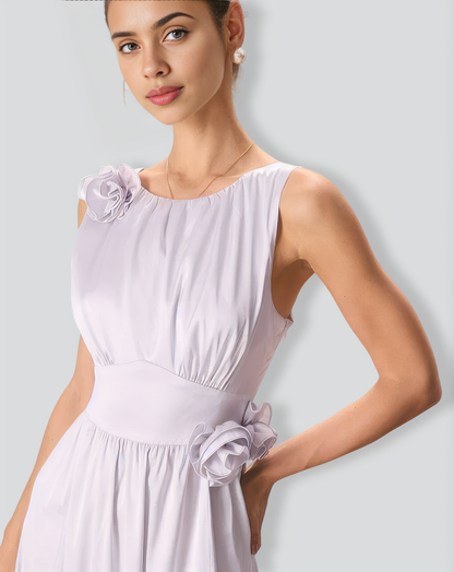 The Silver Boat Neck Floral Satin Maxi Dress