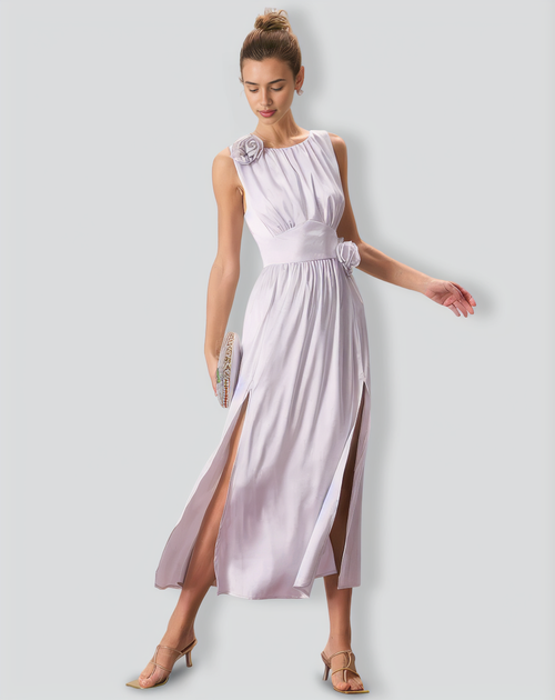 The Silver Boat Neck Floral Satin Maxi Dress