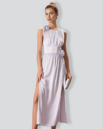 The Silver Boat Neck Floral Satin Maxi Dress