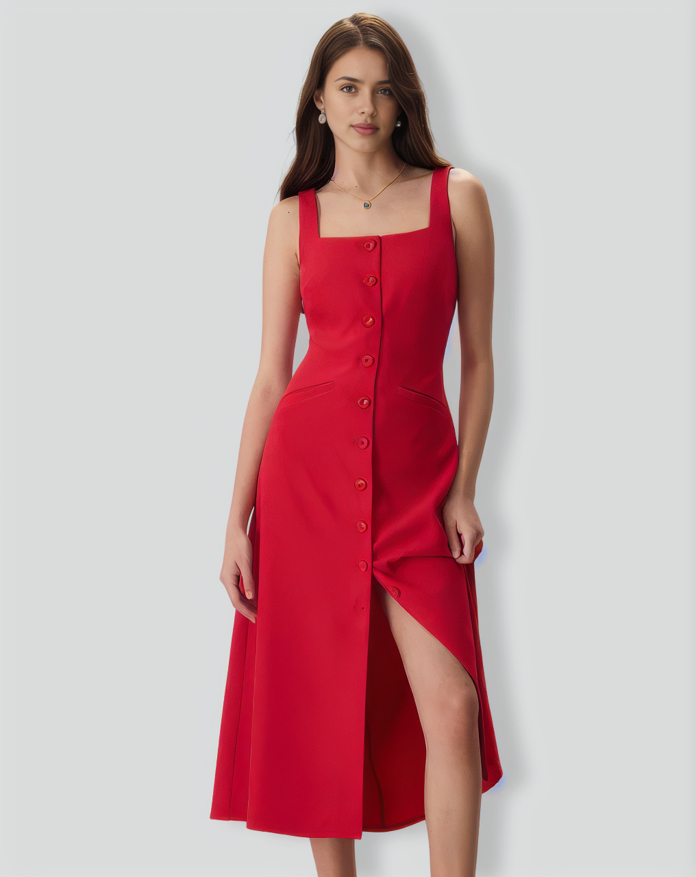 The Red Square Neck Pocket Midi Dress