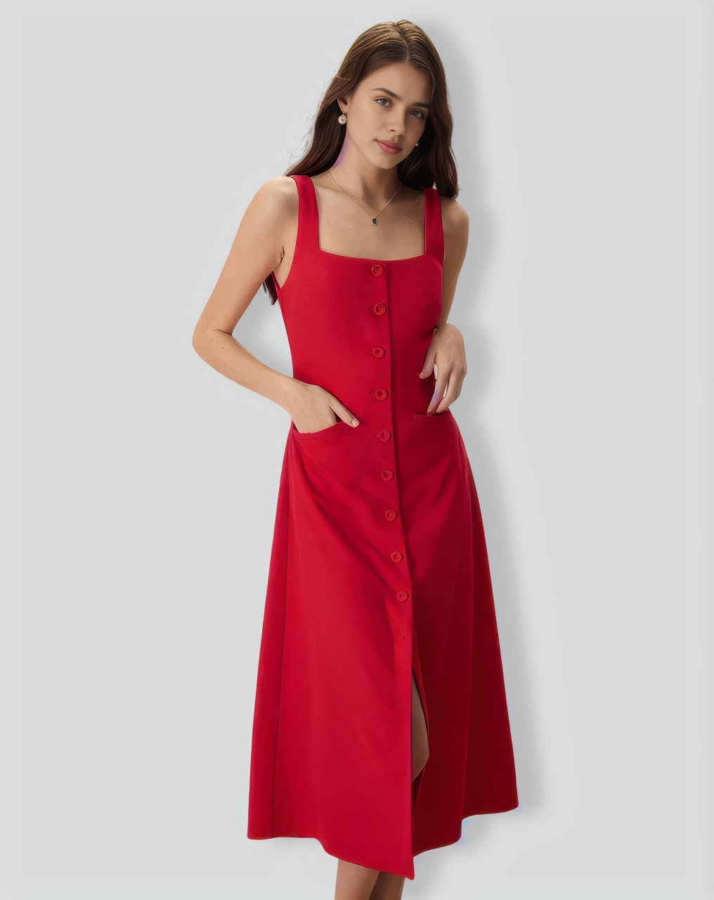 The Red Square Neck Pocket Midi Dress