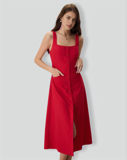 The Red Square Neck Pocket Midi Dress
