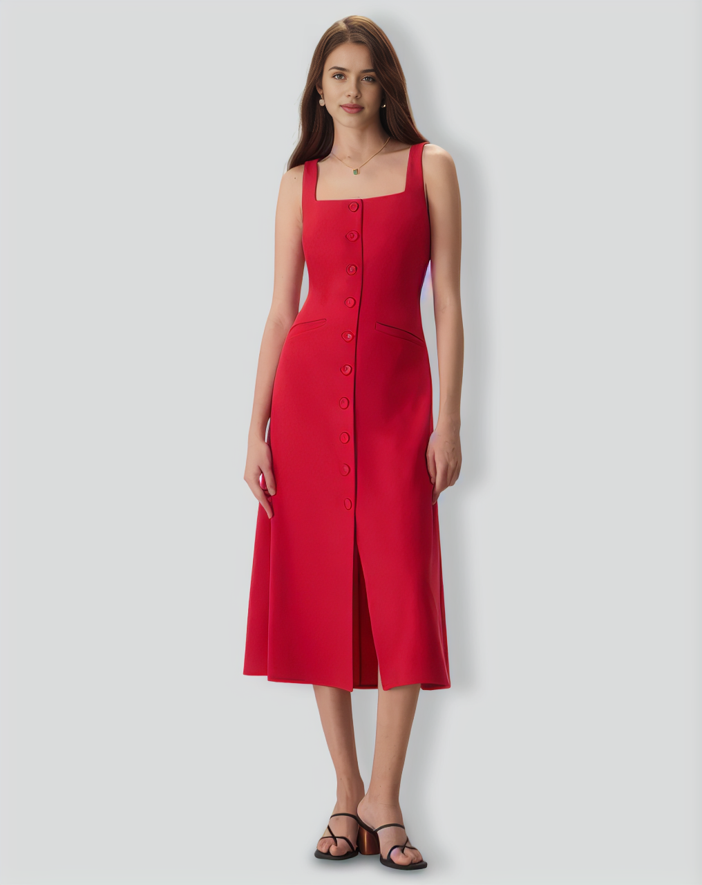 The Red Square Neck Pocket Midi Dress