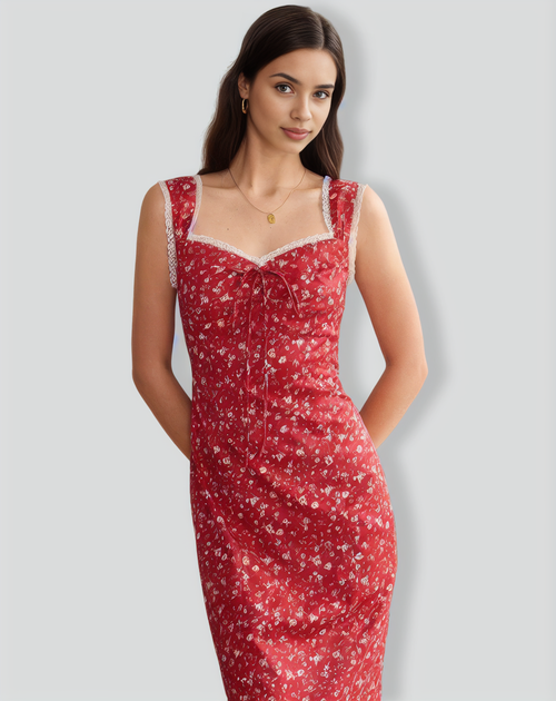 The Red Sweetheart Neck Floral Lace Trim Midi Dress