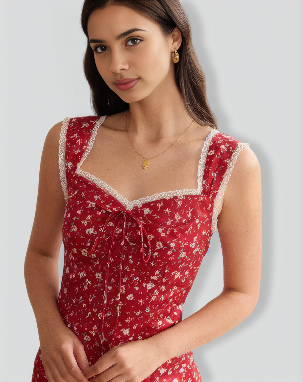 The Red Sweetheart Neck Floral Lace Trim Midi Dress