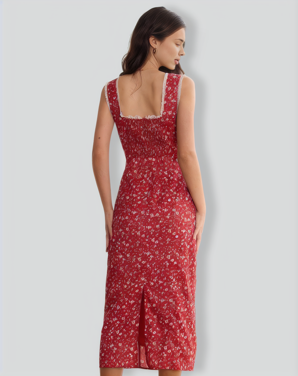 The Red Sweetheart Neck Floral Lace Trim Midi Dress