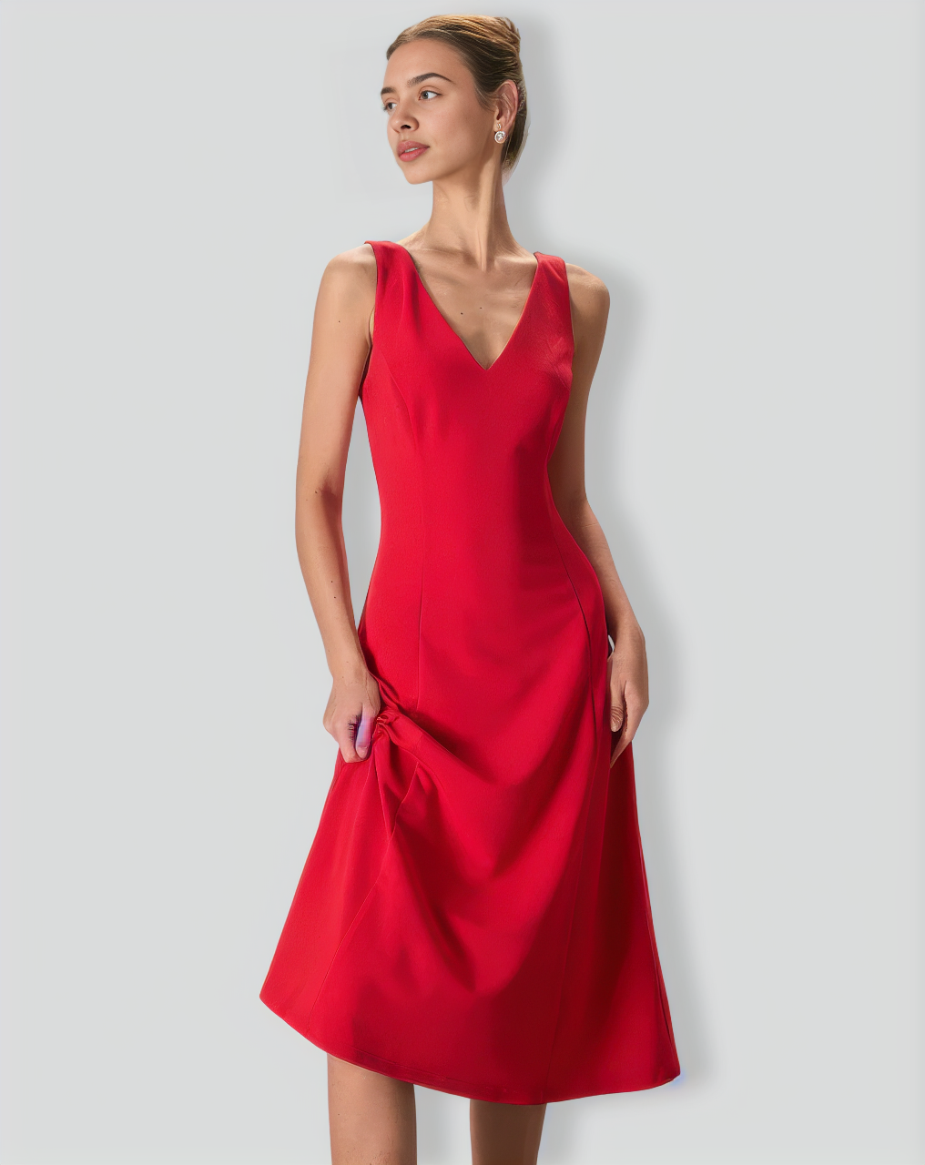 The Red V Neck Sleeveless A-Line Midi Dress
