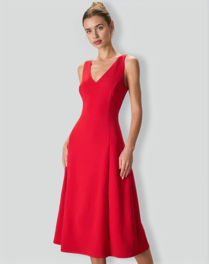 The Red V Neck Sleeveless A-Line Midi Dress
