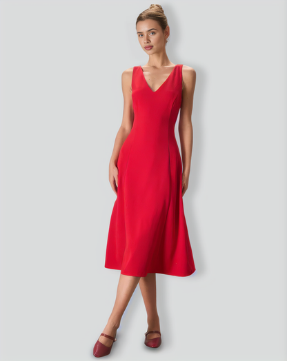The Red V Neck Sleeveless A-Line Midi Dress