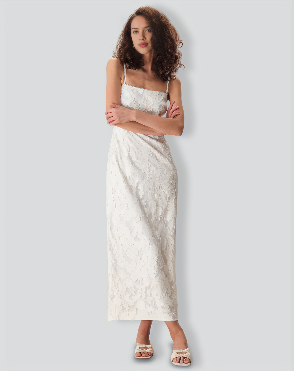 The White Square Neck Jacquard Slip Maxi Dress