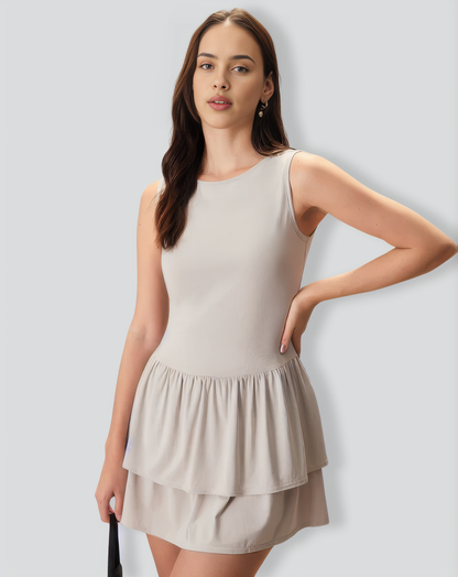 Women's Grey Crew Neck Ruffle Tiered Cotton Mini Dress