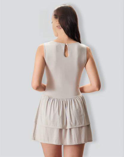 Women's Grey Crew Neck Ruffle Tiered Cotton Mini Dress