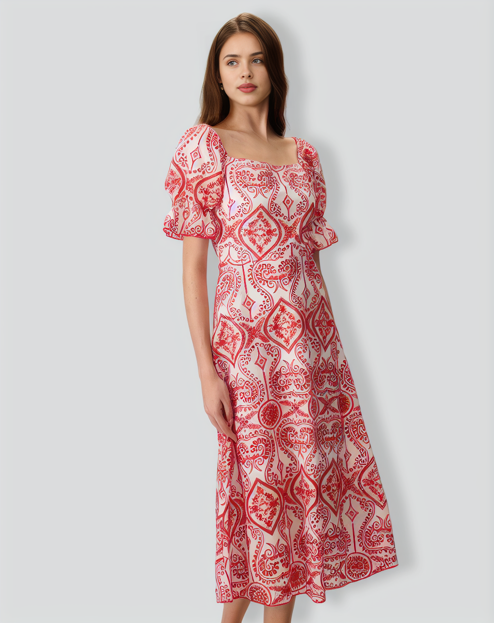 Women's Geometric Embroidery Ruffle Cotton Midi Dress