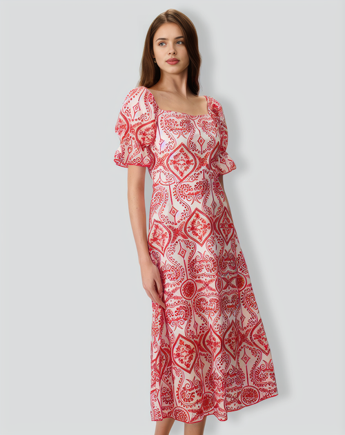Women's Geometric Embroidery Ruffle Cotton Midi Dress