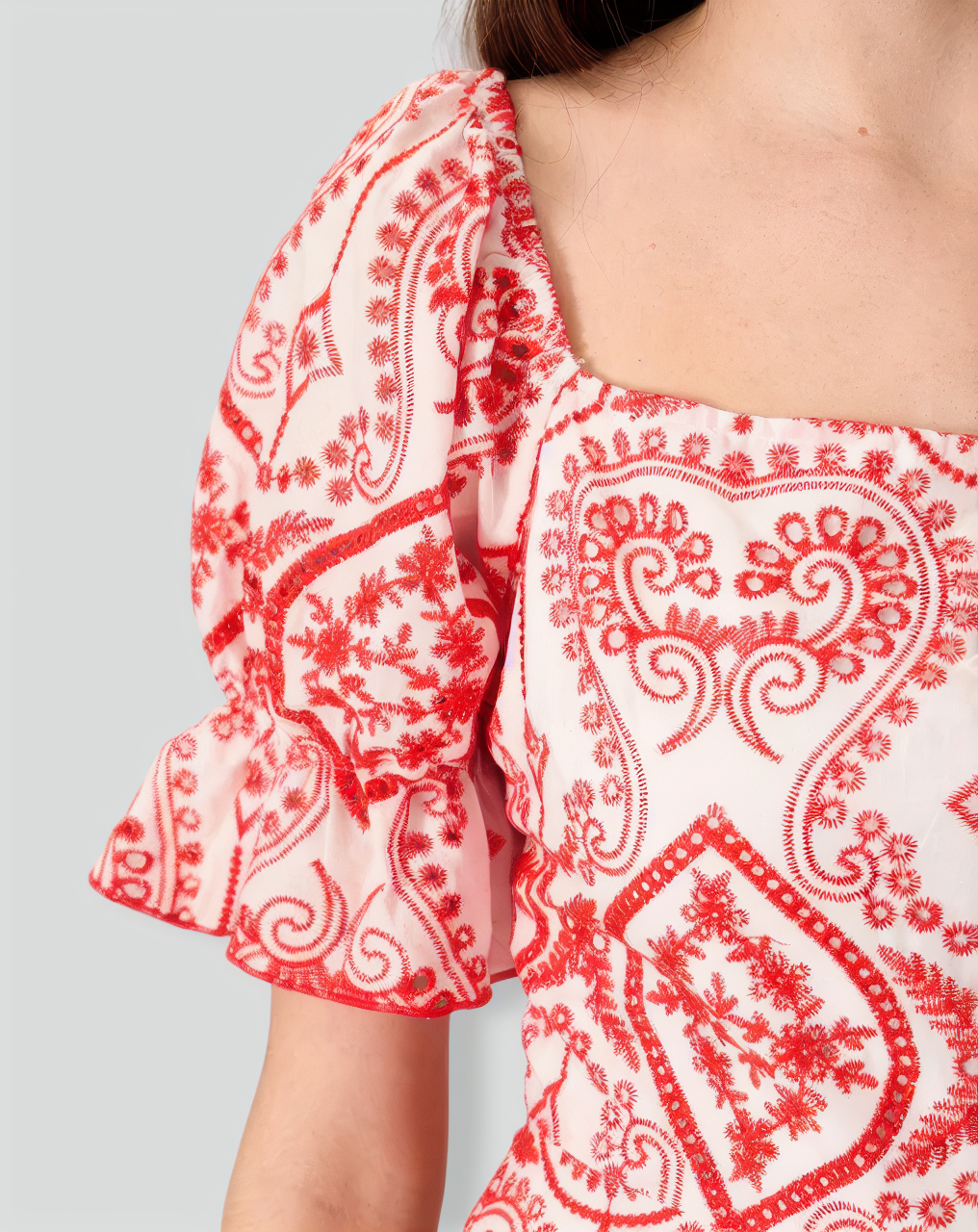 Women's Geometric Embroidery Ruffle Cotton Midi Dress