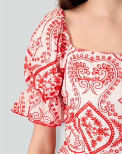 Women's Geometric Embroidery Ruffle Cotton Midi Dress