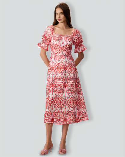 Women's Geometric Embroidery Ruffle Cotton Midi Dress