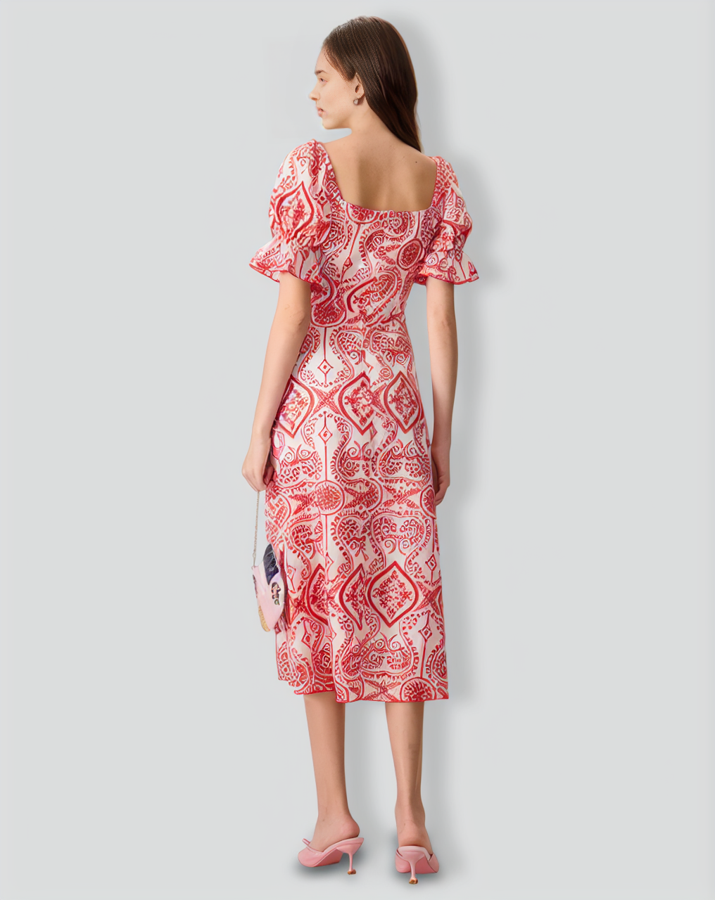 Women's Geometric Embroidery Ruffle Cotton Midi Dress