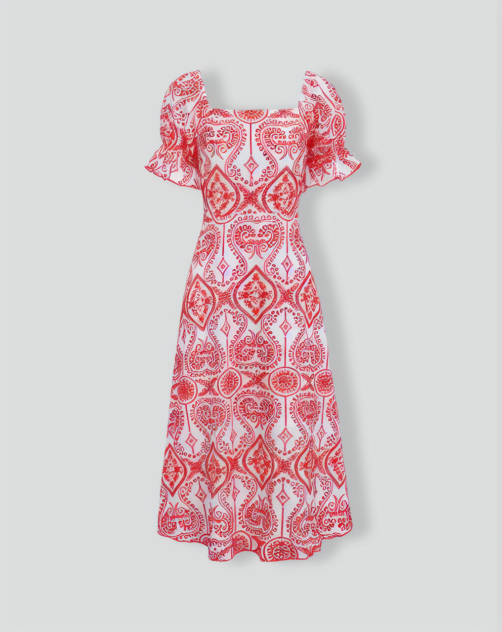 Women's Geometric Embroidery Ruffle Cotton Midi Dress