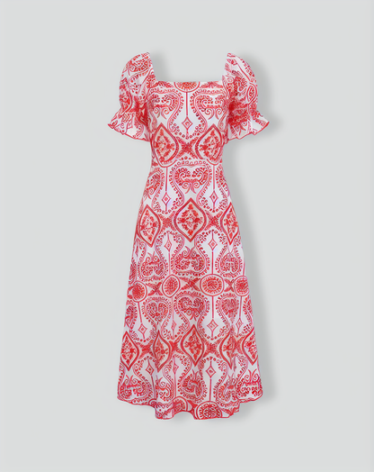 Women's Geometric Embroidery Ruffle Cotton Midi Dress