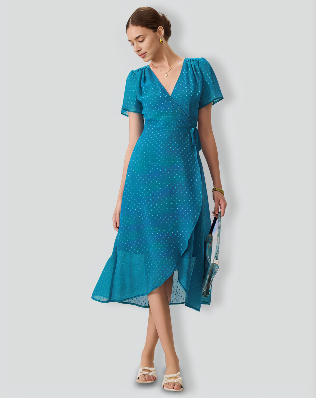 Women's Blue V-Neck Wrap Midi Dress