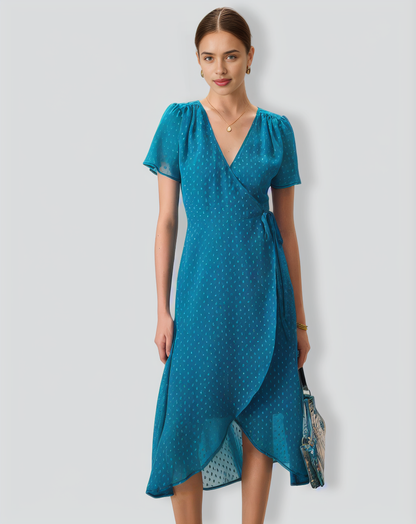 Women's Blue V-Neck Wrap Midi Dress