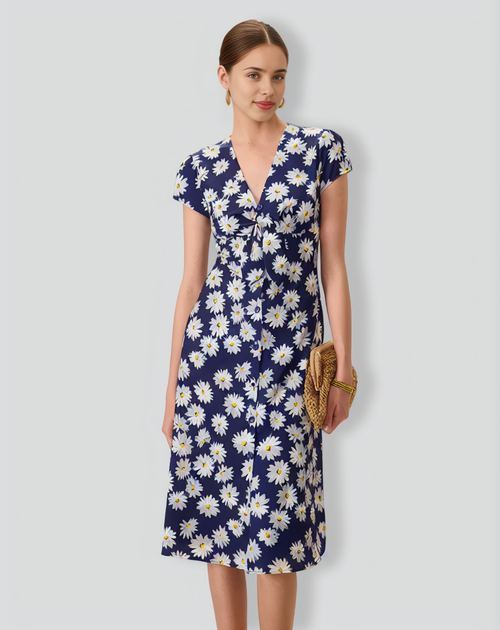 Women's Navy Button-Up Floral Midi Dresses