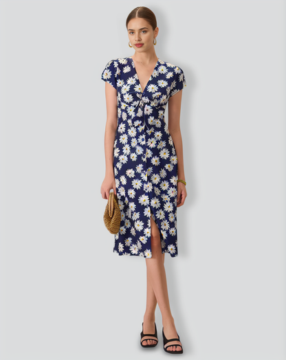 Women's Navy Button-Up Floral Midi Dresses