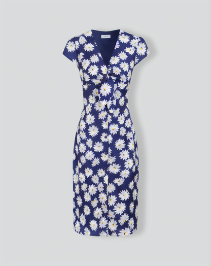 Women's Navy Button-Up Floral Midi Dresses