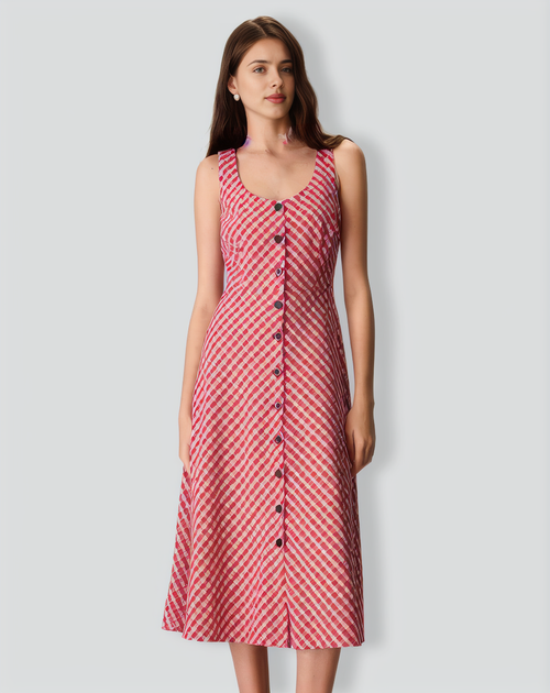 Women's Red U-Neck Plaid Midi Dress