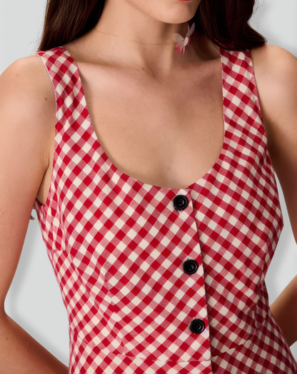 Women's Red U-Neck Plaid Midi Dress