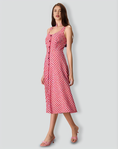 Women's Red U-Neck Plaid Midi Dress