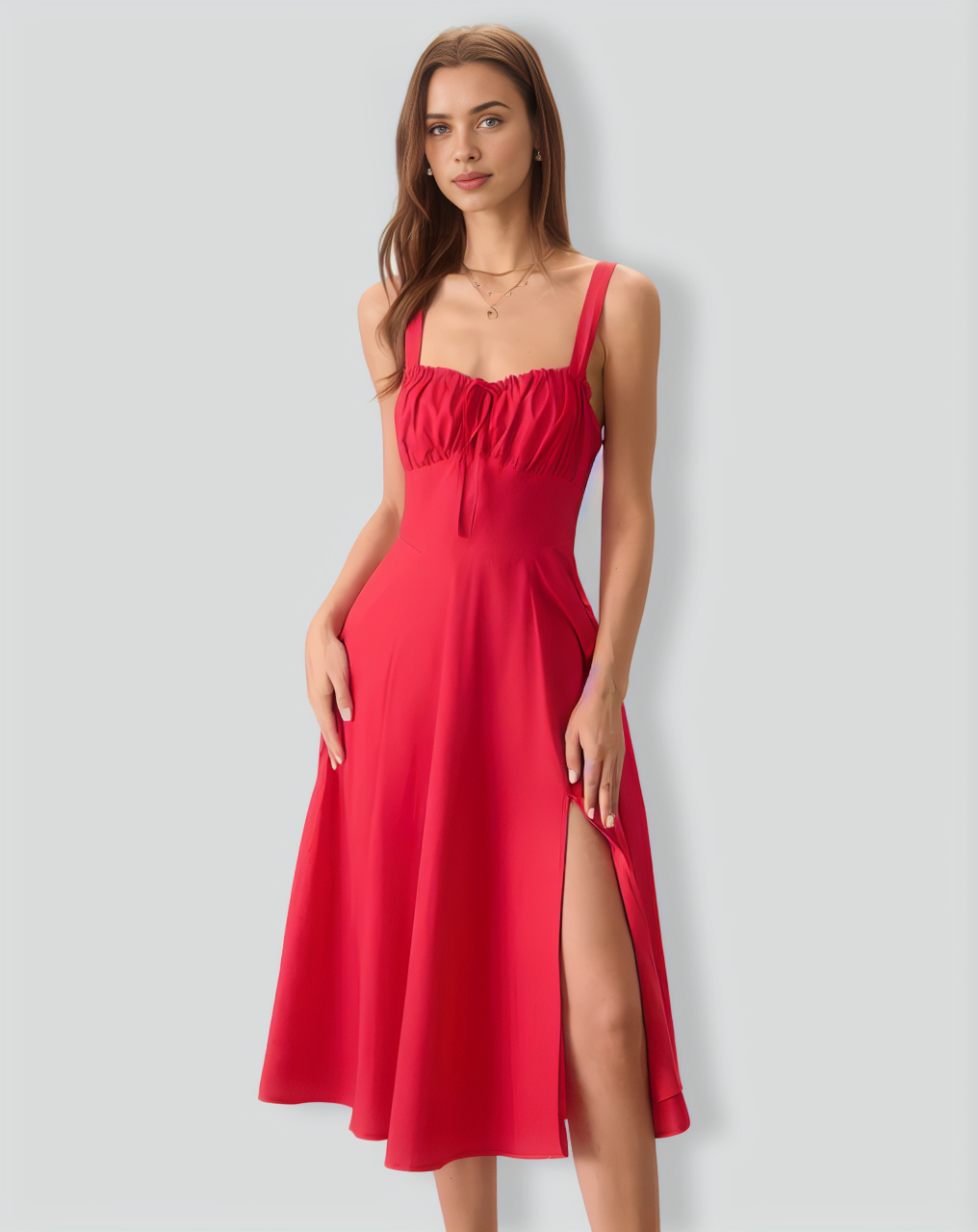 Women's Red Square Neck Ruched Slip Midi Dress