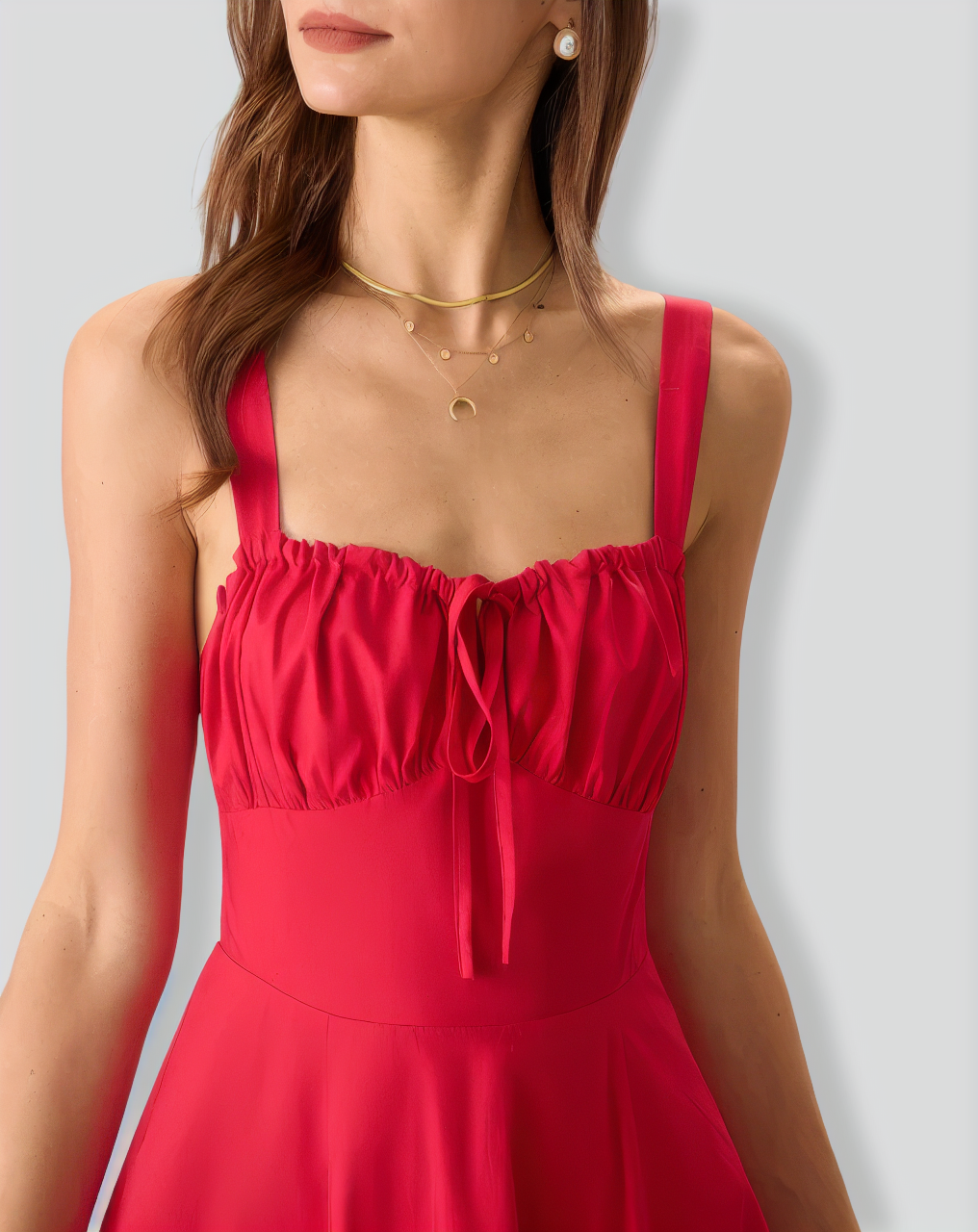 Women's Red Square Neck Ruched Slip Midi Dress