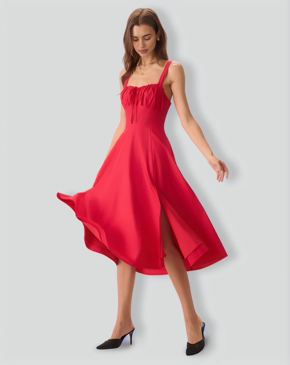 Women's Red Square Neck Ruched Slip Midi Dress
