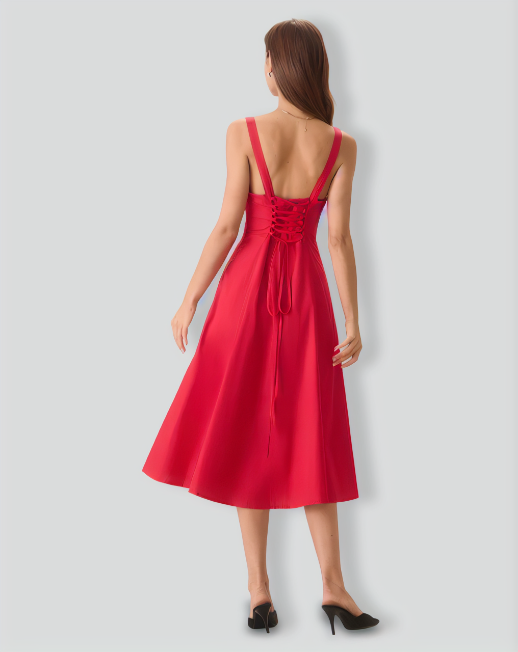 Women's Red Square Neck Ruched Slip Midi Dress
