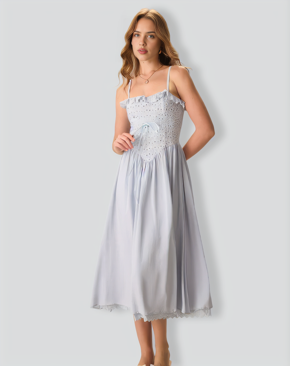 Women's Blue Embroidery Cotton Slip Midi Dress