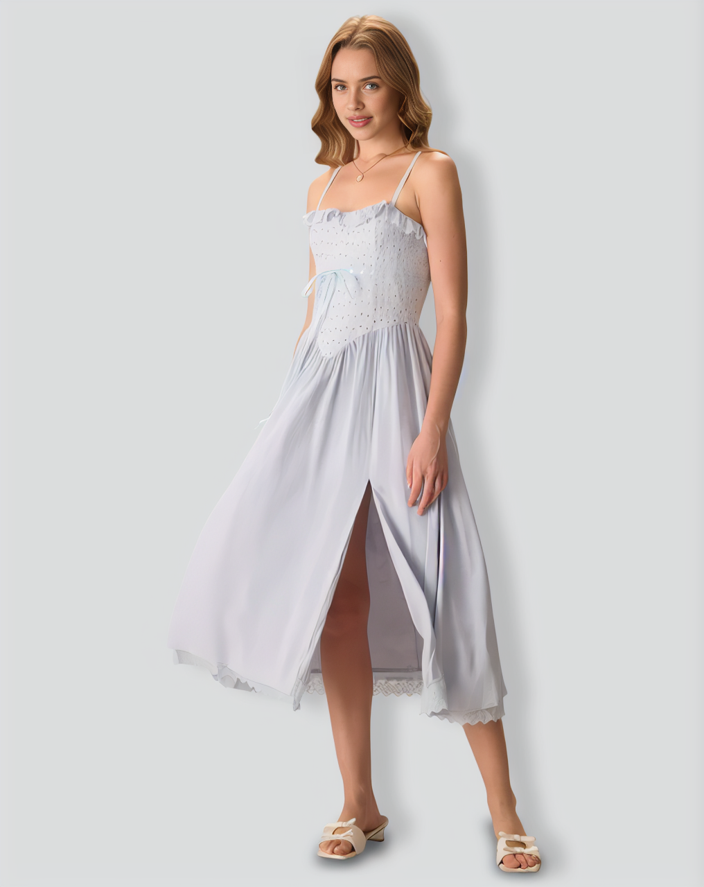 Women's Blue Embroidery Cotton Slip Midi Dress