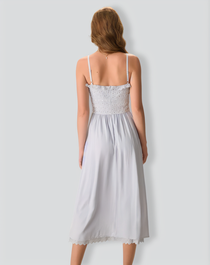 Women's Blue Embroidery Cotton Slip Midi Dress