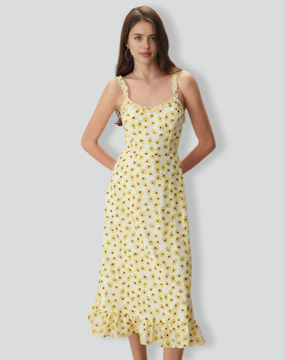 The Yellow Daisy Ruffle Slip Midi Dress
