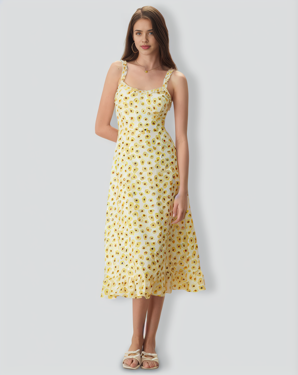 The Yellow Daisy Ruffle Slip Midi Dress