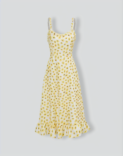 The Yellow Daisy Ruffle Slip Midi Dress